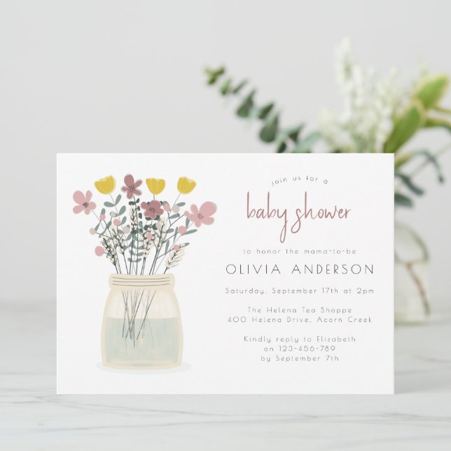 Rustic Wildflower Mason Jar Baby Shower Invitation (Standing Front)