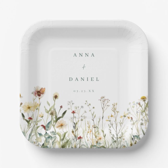Rustic Wildflower Meadow Wedding Paper Plates (Front)