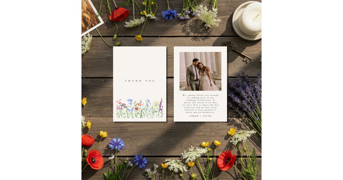 Rustic Wildflower Meadow Wedding Photo Thank You Card | Zazzle