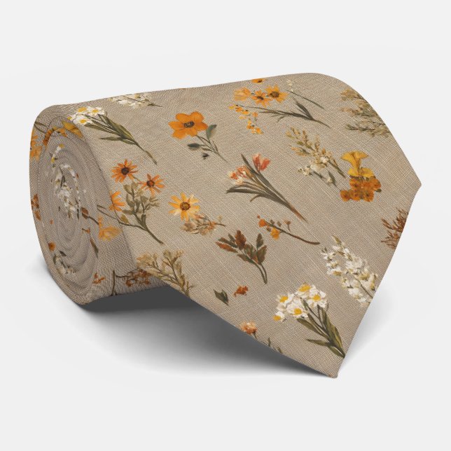 Rustic Wildflower Mix in Warm Neutrals Neck Tie (Rolled)