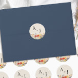 Rustic Wildflower Monogrammed Floral Wedding Classic Round Sticker<br><div class="desc">Rustic wildflower wedding stickers with bride and groom initials and elegant typography for your invitation envelope seals, favor stickers etc. The stickers have a floral border of vibrant vintage botanical wild flowers and detailed blooms in rich, warm earthy neutral tones. A gorgeous design with summer and fall colors of red...</div>