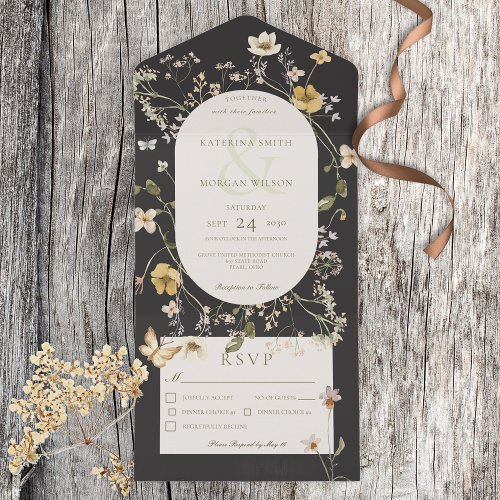 Rustic Wildflower Oval Frame Black Dinner All In One Invitation