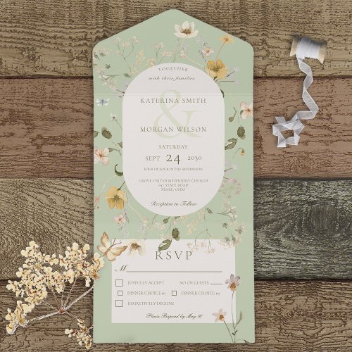 Rustic Wildflower Oval Frame Sage Green Dinner All In One Invitation
