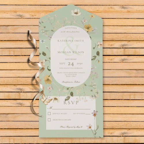 Rustic Wildflower Oval Frame Sage Green No Dinner All In One Invitation