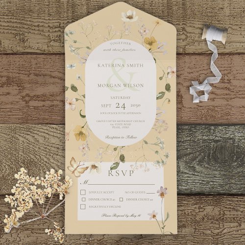 Rustic Wildflower Oval Frame Yellow Dinner All In One Invitation