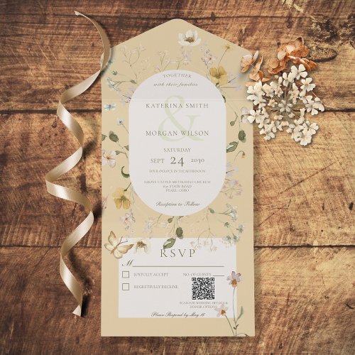 Rustic Wildflower Oval Frame Yellow QR Code All In One Invitation