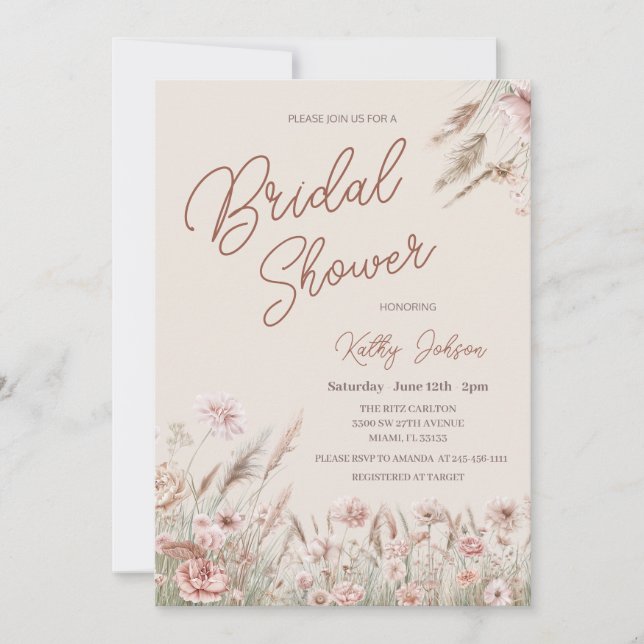 Rustic Wildflower Pampas Grass Bridal Shower  Invitation (Front)