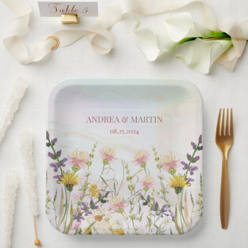 Rustic Wildflower Pastel Garden Wedding Paper Plates