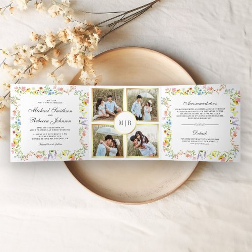 Rustic Wildflower Photo Collage All in One Wedding Tri_Fold Invitation