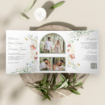 Rustic Wildflower Photo Collage Qr Code Wedding Tri-fold Invitation by ShabzDesigns at Zazzle