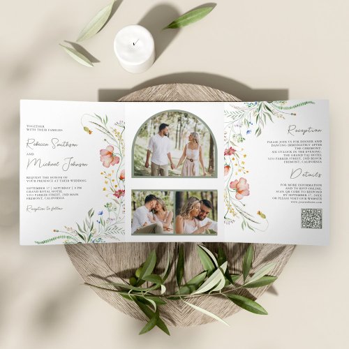 Rustic Wildflower Photo Collage QR Code Wedding Tri_Fold Invitation
