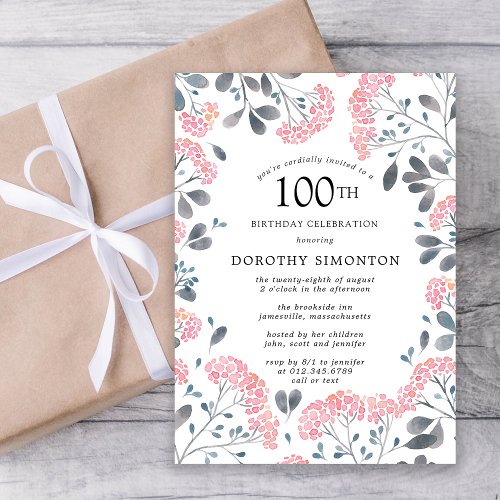 Rustic Wildflower Pink Floral 100th Birthday Party Invitation