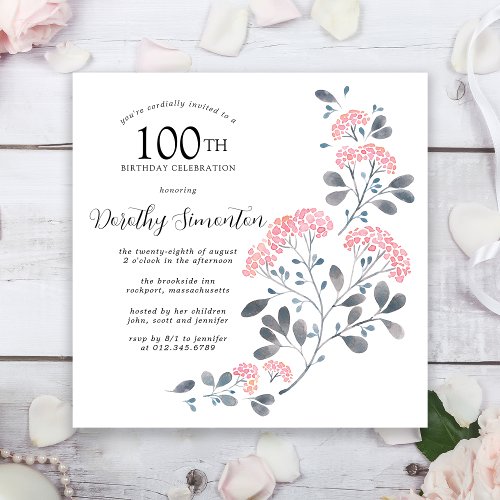 Rustic Wildflower Pink Floral 100th Birthday Party Invitation