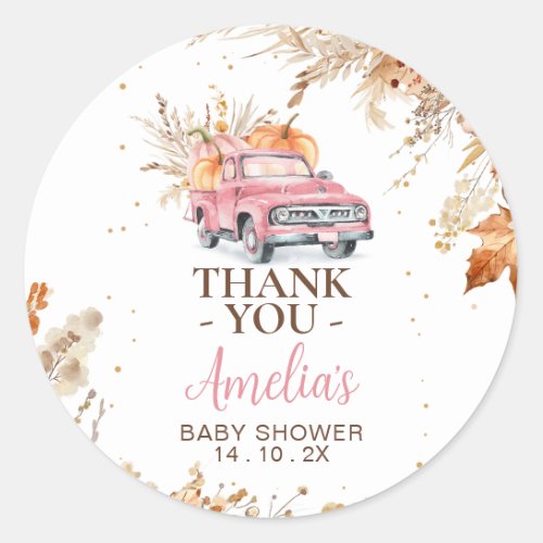 Rustic Wildflower Pink Pumpkin Truck Baby Shower  Classic Round Sticker