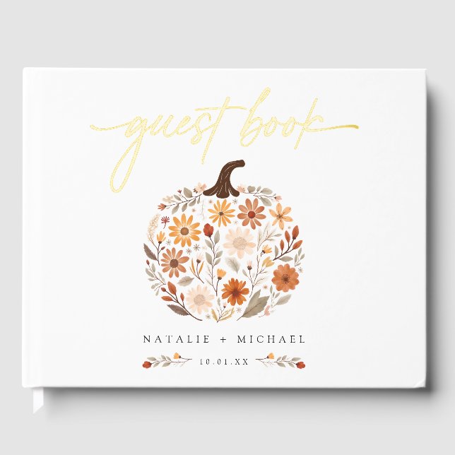 Rustic Wildflower Pumpkin Fall Wedding Foil Guest Book (Front)
