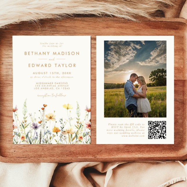 Rustic Wildflower QR Code Photo Wedding Invitation (Creator Uploaded)