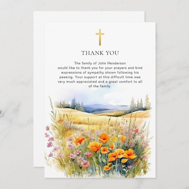 Rustic Wildflower Religious Funeral Thank You Card (Front/Back)