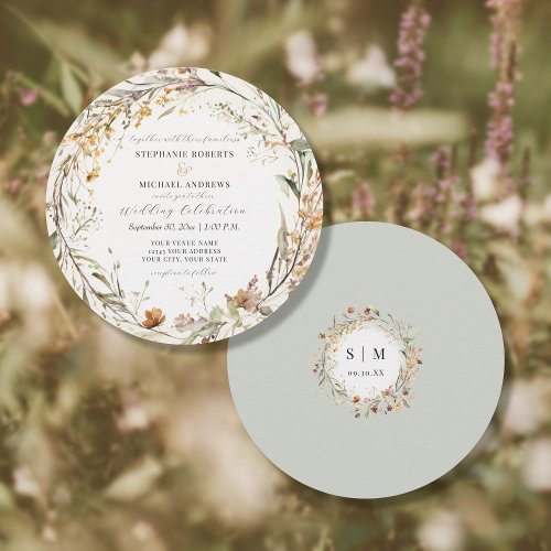 Rustic Wildflower Round Autumn Fall Ivory Wedding Invitation