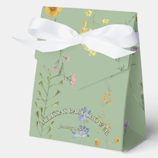 Rustic wildflower sage green baby shower favor boxes (Front)