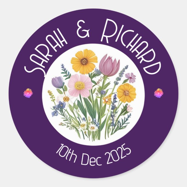 Rustic Wildflower Spring Wedding, Romantic Garden Classic Round Sticker (Front)