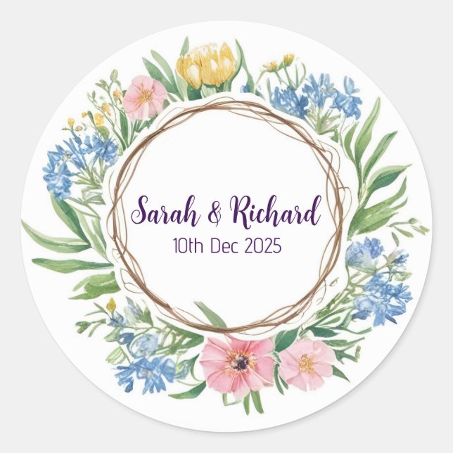 Rustic Wildflower Spring Wedding, Romantic Garden Classic Round Sticker (Front)