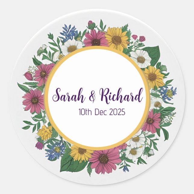 Rustic Wildflower Spring Wedding, Romantic Garden Classic Round Sticker (Front)