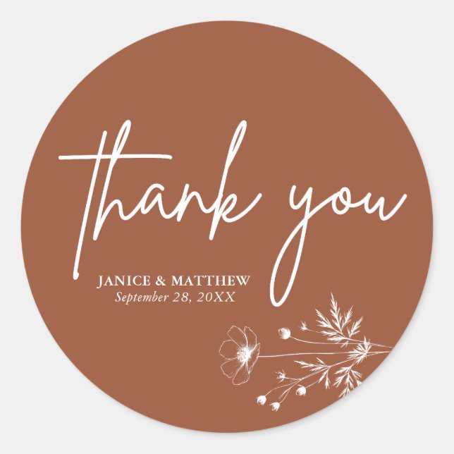 Rustic Wildflower Terracotta Boho Wedding Classic Round Sticker (Front)
