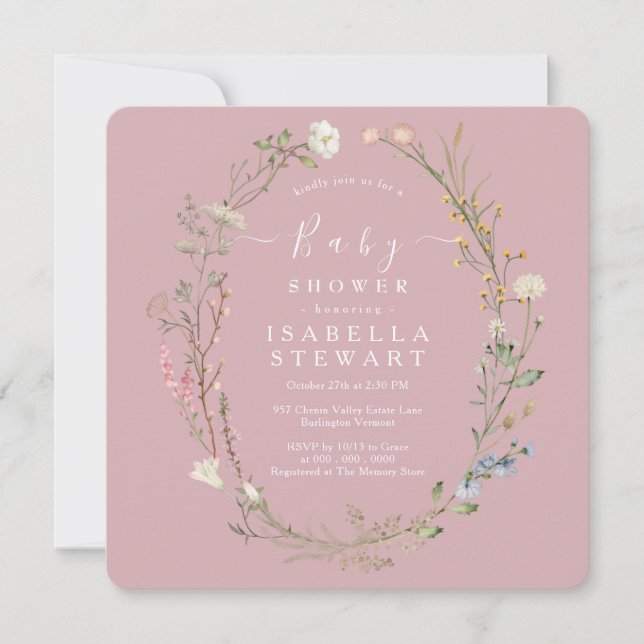 Rustic Wildflower Theme Dusty Rose Baby Shower Invitation (Front)