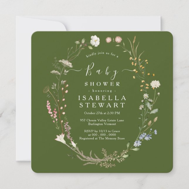 Rustic Wildflower Theme Moss Green Baby Shower Invitation (Front)
