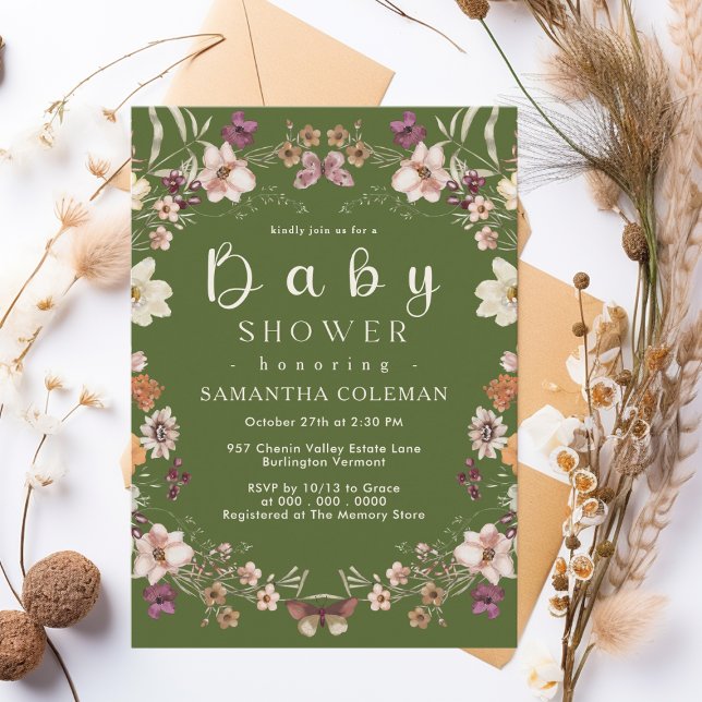 Rustic Wildflower Theme Moss Green Baby Shower Invitation (Creator Uploaded)