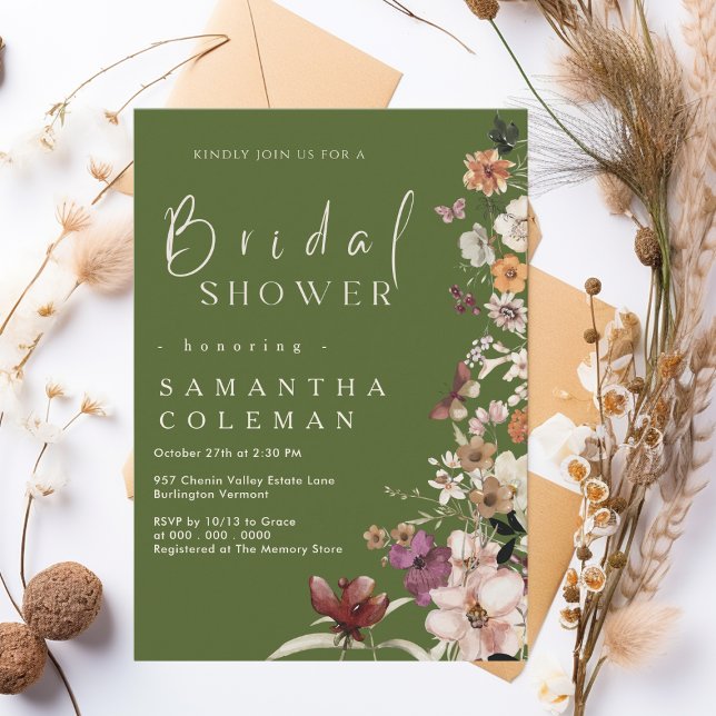 Rustic Wildflower Theme Moss Green Bridal Shower Invitation (Creator Uploaded)