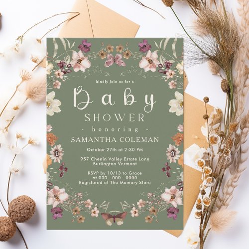 Rustic Wildflower Theme Sage Green Baby Shower Invitation