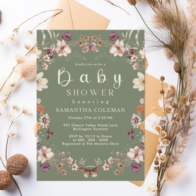 Rustic Wildflower Theme Sage Green Baby Shower Invitation (Creator Uploaded)
