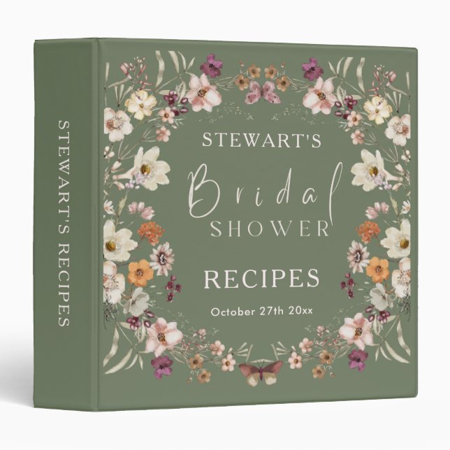 Rustic Wildflower Theme Sage Green Bridal Shower 3 Ring Binder (Front/Spine)