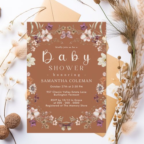 Rustic Wildflower Theme Terracotta Baby Shower Invitation