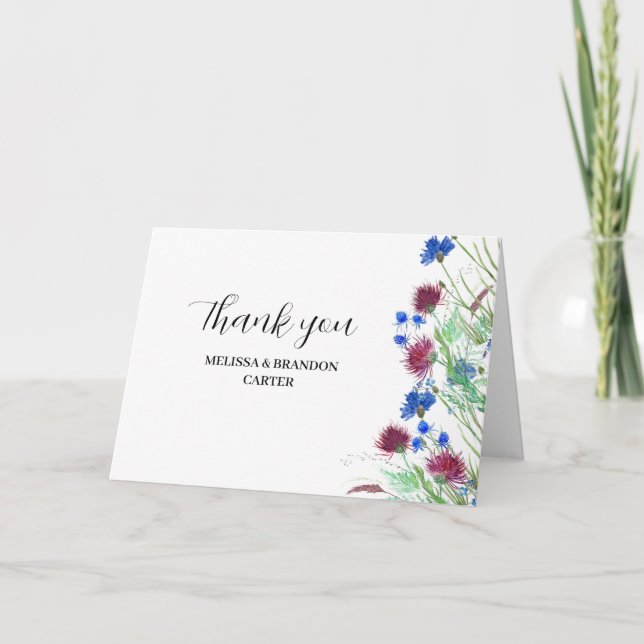 Rustic Wildflower Thistle Wedding Thank you  Card (Front)