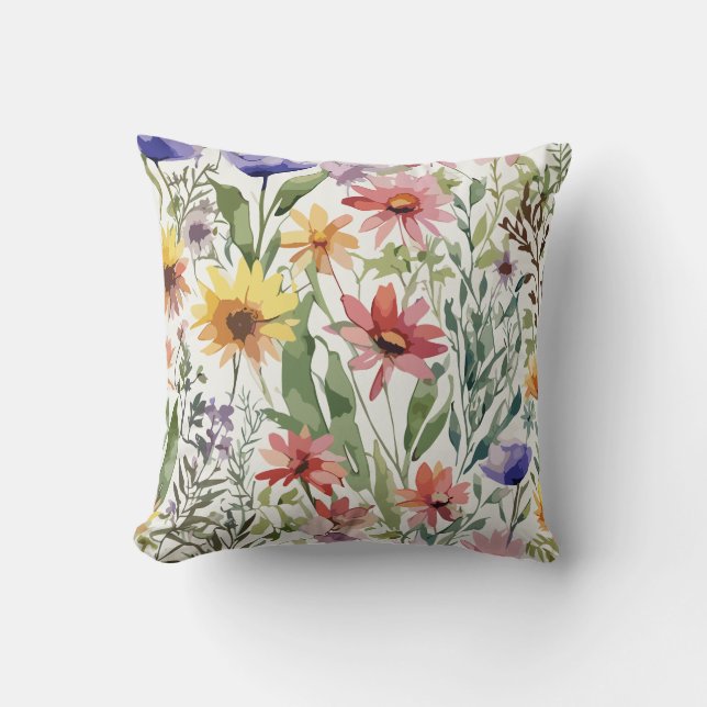 Rustic Wildflower Watercolor Themed Throw Pillow (Front)
