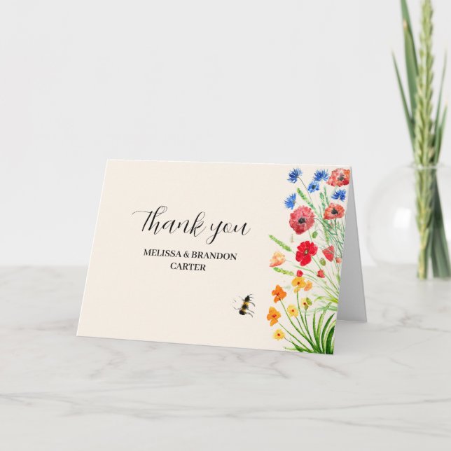 Rustic Wildflower Watercolor Wedding Thank you  Card (Front)