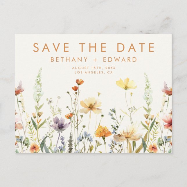 Rustic Wildflower Wedding Save the Date Postcard (Front)