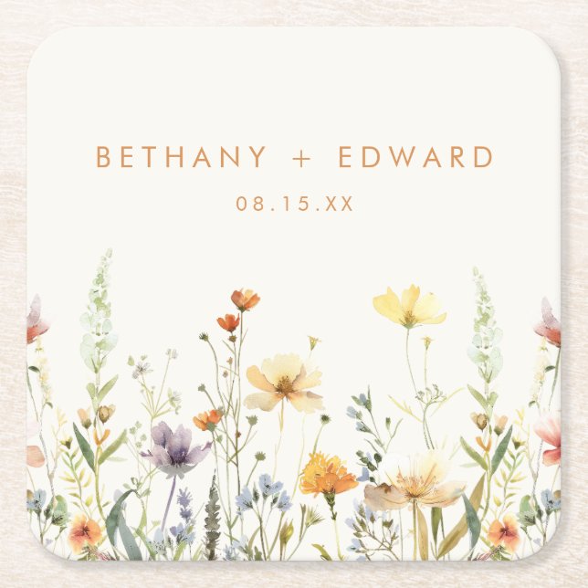 Rustic Wildflower Wedding Square Paper Coaster (Front)