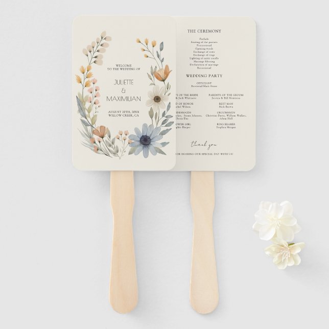 Rustic Wildflower Wreath Garden Wedding Program Hand Fan (Front and Back)