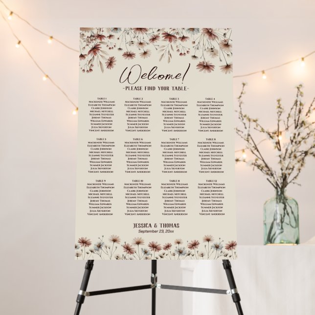 Rustic Wildflowers 12 Table Wedding Seating Chart Foam Board (In Situ (Stand))