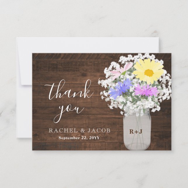 Rustic Wildflowers Baby's Breath Mason Jar Wedding Thank You Card (Front)