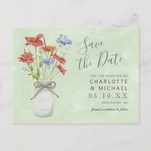 rustic wildflowers ball jar save the date postcard