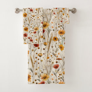 Rustic Wildflowers - Boho Fall Floral Pattern Bath Towel Set