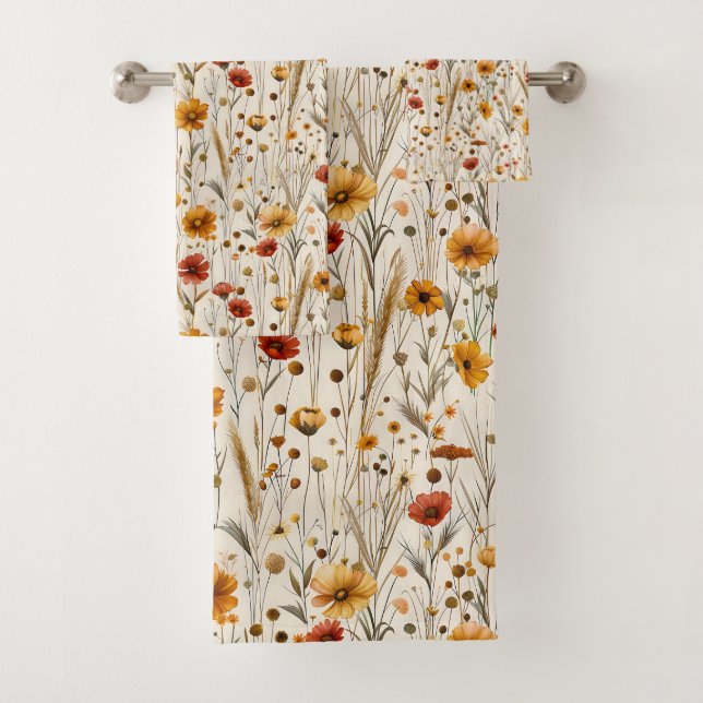 Rustic Wildflowers - Boho Fall Floral Pattern Bath Towel Set (Insitu)