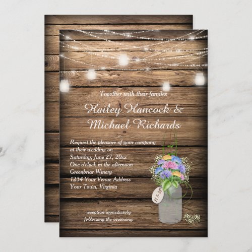 Rustic Wildflowers Bouquet Mason Jar Wedding  Invitation