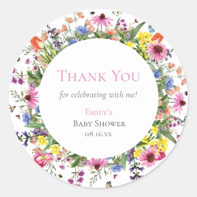Rustic Wildflowers & Butterflies Thank You Classic Round Sticker (Front)