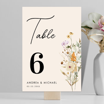 Rustic Wildflowers Cream Script Boho Wedding Table Number by LovelyVibeZ at Zazzle