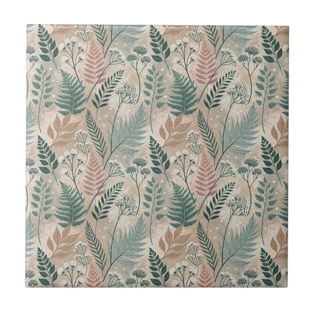 Rustic Wildflowers & Fern Foliage Botanical Design Ceramic Tile (Front)
